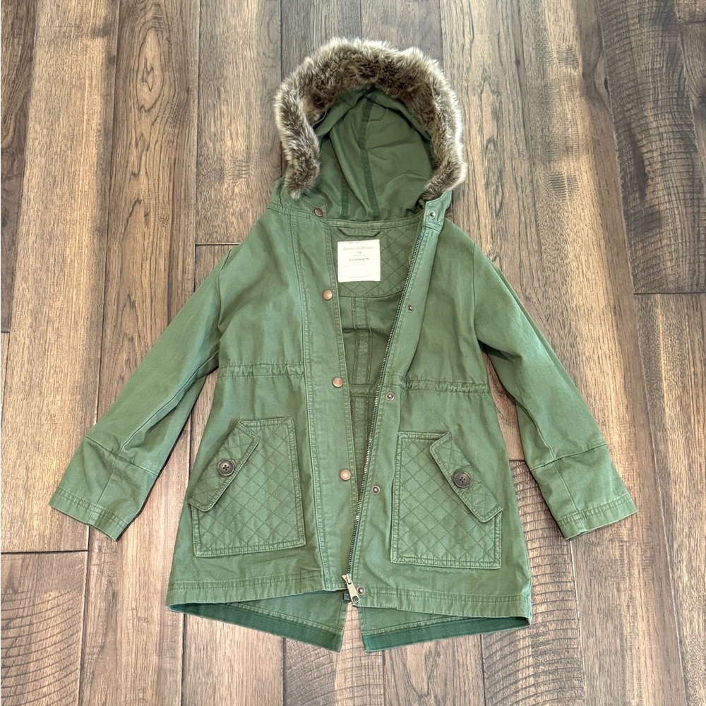 Hanna Anderson Girls’ Olive Green Hooded Jacket with Detachable Faux Fur Trim